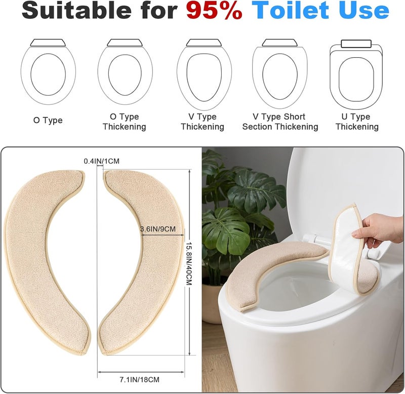 SHIEN Soft Thicker Flannel Bathroom Toilet Seat Cover, 2 Pack Non Slip Warmer Comfortable Seat Cushions with Memory Foam, Easy Install with Self-Adhesive Tape, Reusable Toilet Lid Cover (Green,Beige) - Image 3